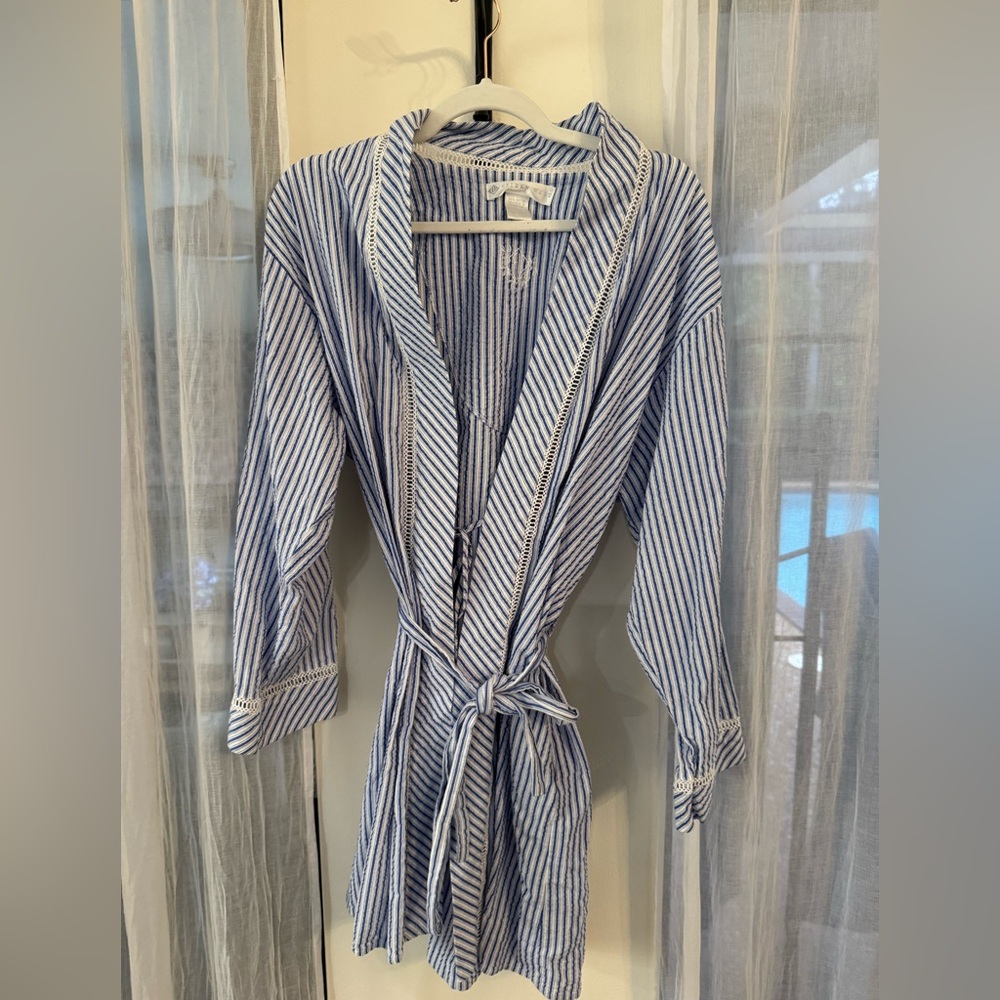 Eileen West Short Cotton Striped Robe Sz med